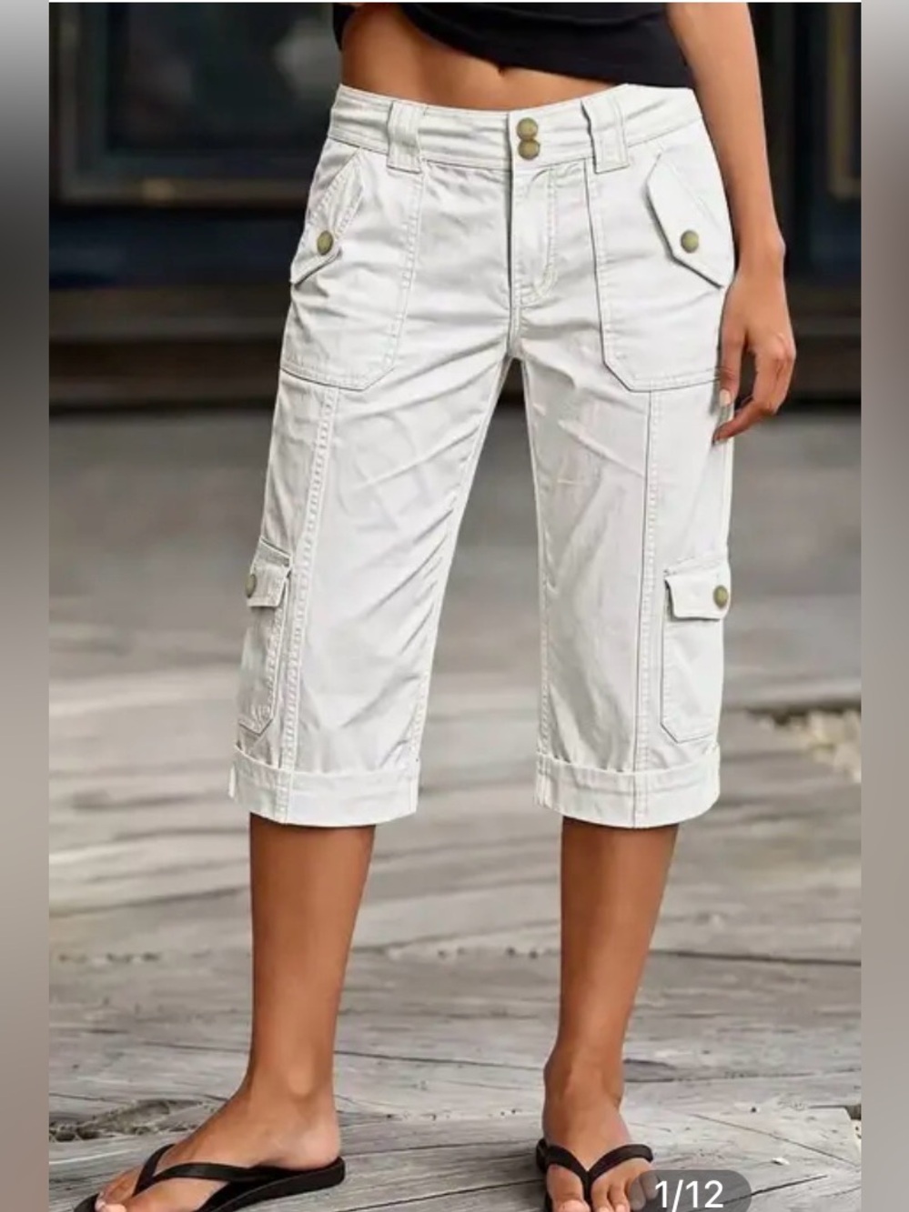 Flamingals Stitch Detail Flap Pocket Mid Waist Straight Leg Capri Pants S PS12-7